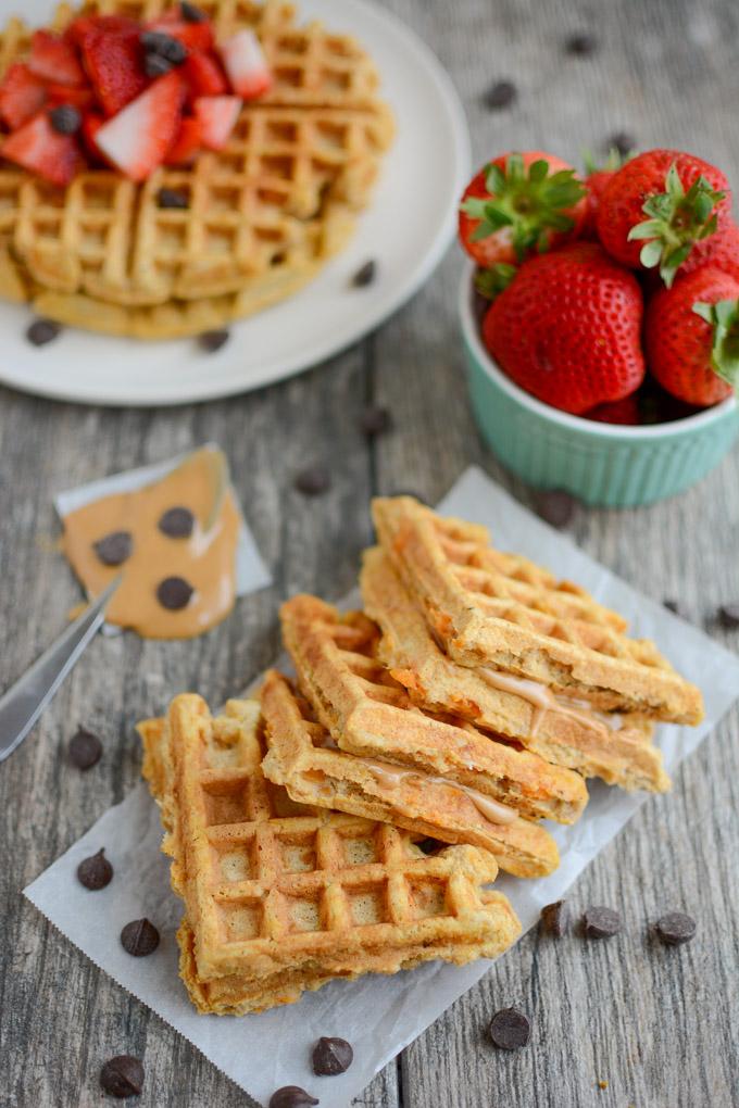 Sweet Potato Waffles 5 Sweet Potato Waffles with chocolate chips and fresh strawberries